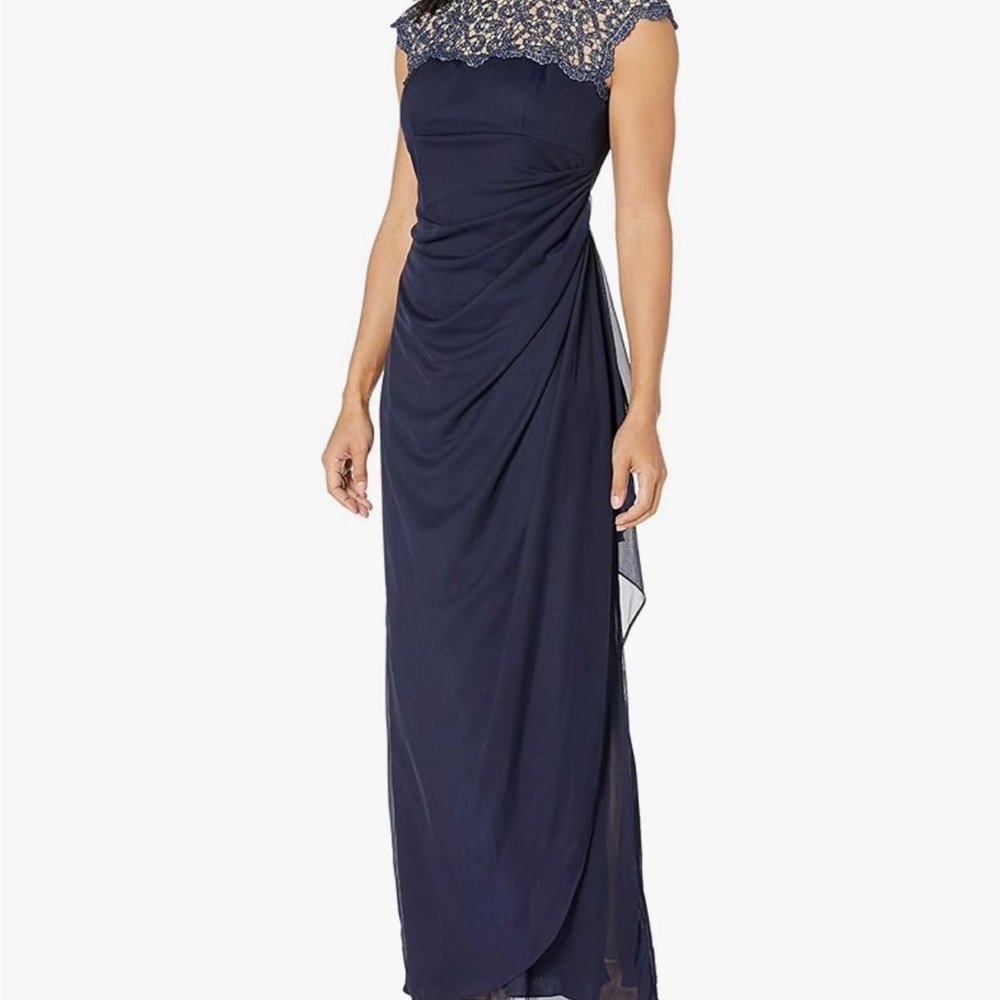 Alex Evenings Navy Long Cap Sleeve Evening Gown Size 10 NWT